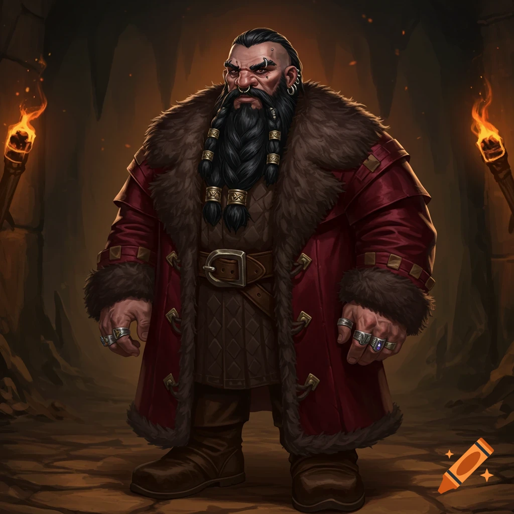 A black-haired dwarf in a red fur coat in a cavern