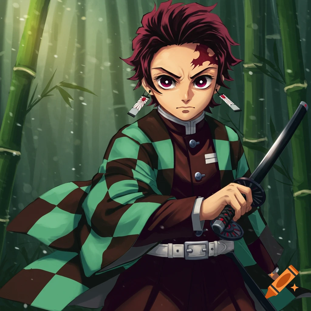 Anime character Tanjiro holding a sword in a bamboo forest