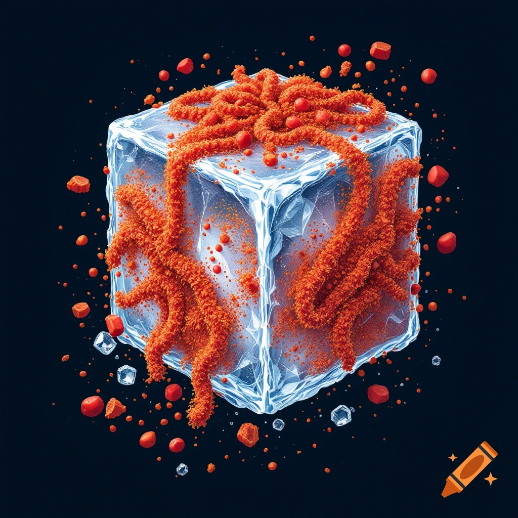 An ice cube wrapped in a textured orange ribbon and sprinkles.