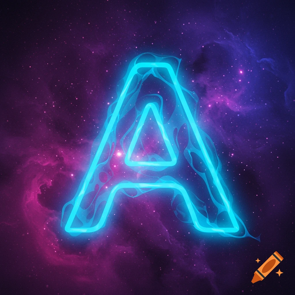 Glowing blue letter A against a purple and pink cosmic background.
