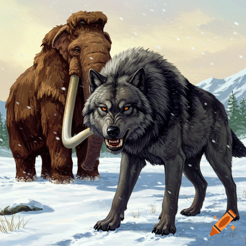 A dire wolf stands aggressively in front of a woolly mammoth in a snowy mountain landscape.