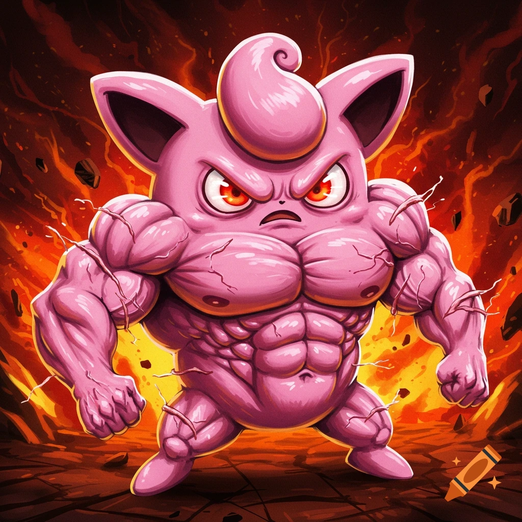 A muscular pink cartoon creature with red eyes is shown amidst fire and debris.