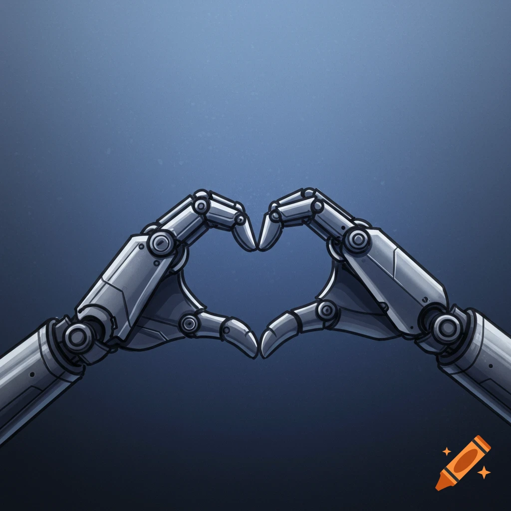 Robotic hands forming a heart shape against a blue background.