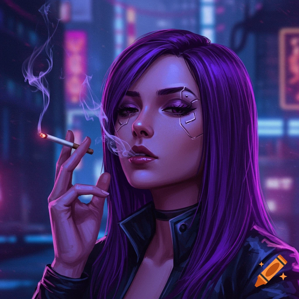 A woman with purple hair is smoking a cigarette in a city with neon lights.