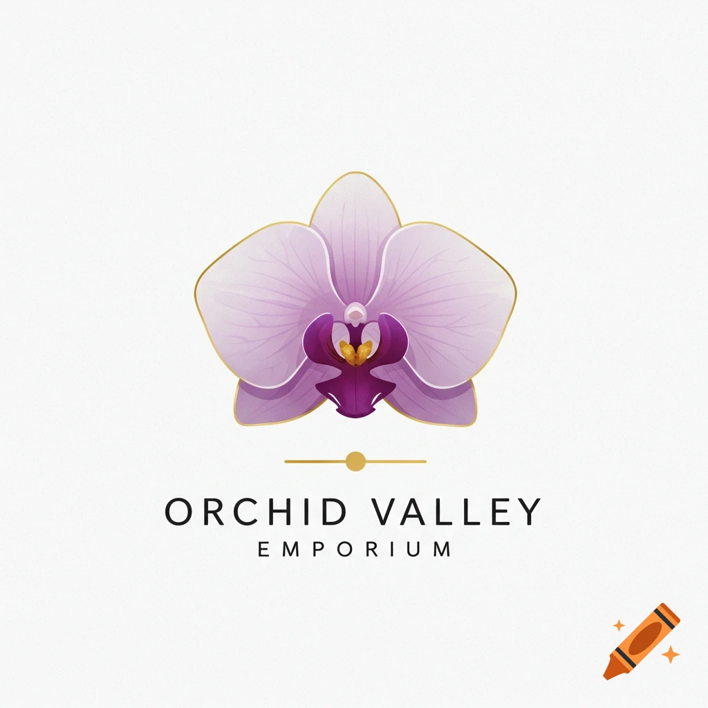 Logo with a stylized purple orchid with gold trim and the text "Orchid Valley Emporium".