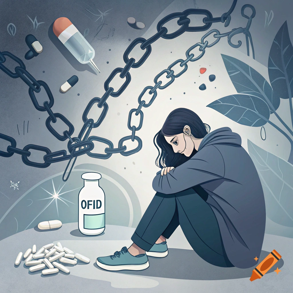 Illustration of a person sitting chained amidst pills and a bottle, depicting addiction.