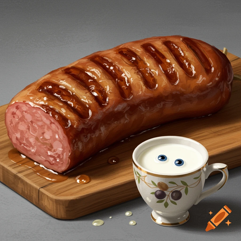A large grilled headcheese and a cup of milk with eyes on a cutting board.
