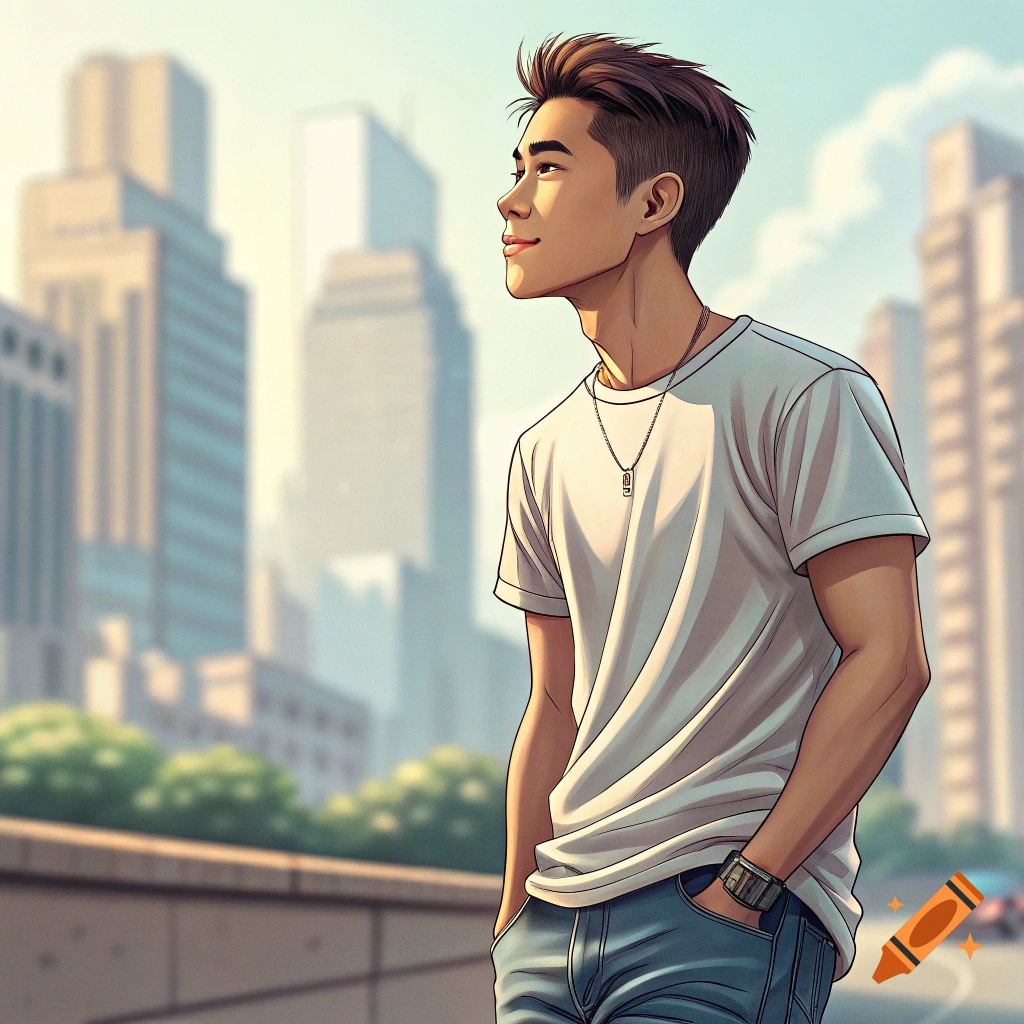 Anime illustration of a young man standing in a city looking up.