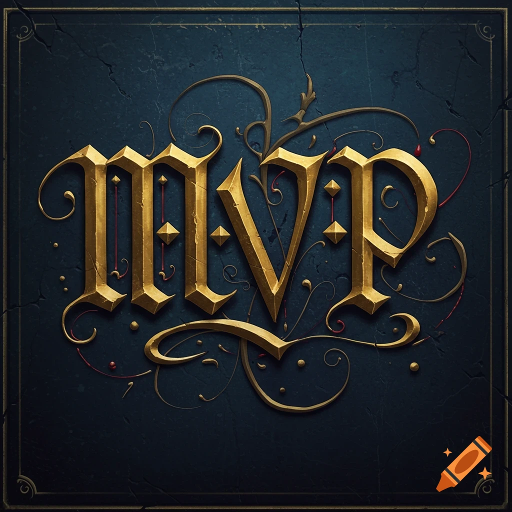 Golden ornate "MVP" text on a dark blue background with flourishes.