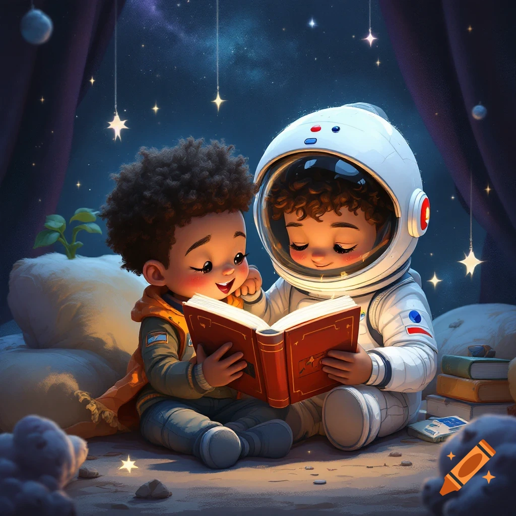 Cartoon children, one in an astronaut suit, reading a book together under a starry sky.