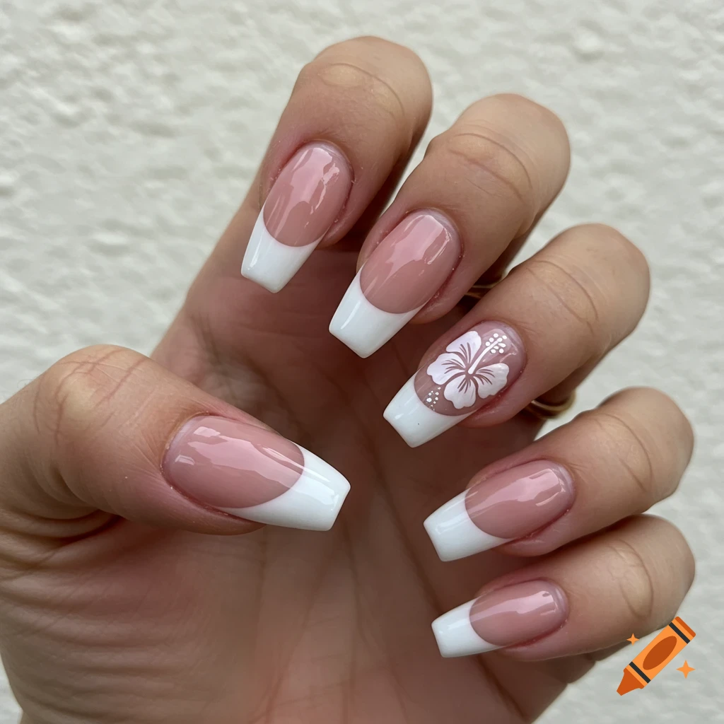 Close-up of a hand with white French tip nails, one featuring a white hibiscus flower design.