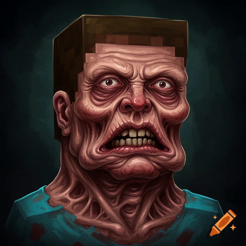 A hyperrealistic image of a grotesque, wrinkled face resembling Minecraft Steve.