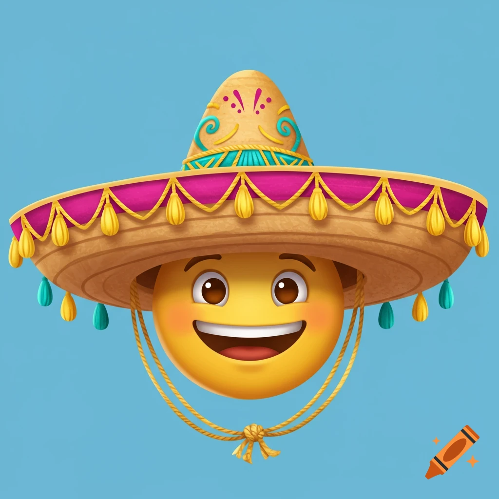 Smiling yellow emoji wearing a colorful sombrero.