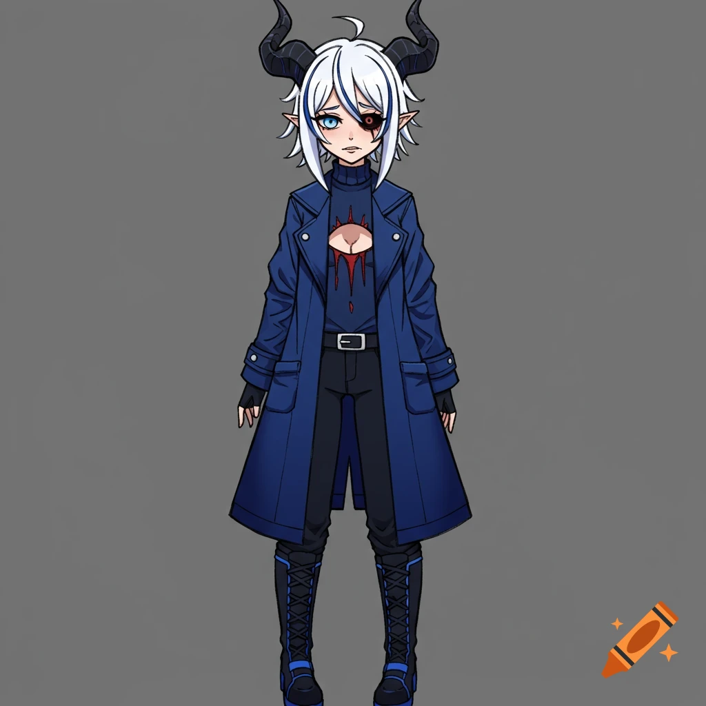Anime woman with white hair, horns, blue coat, and stylized chest wound against gray background.