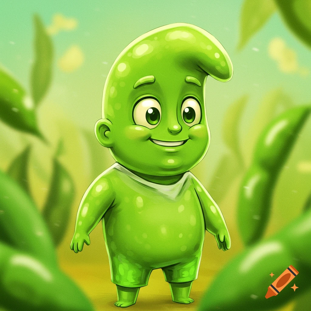 A smiling cartoon green bean character stands among large green beans.