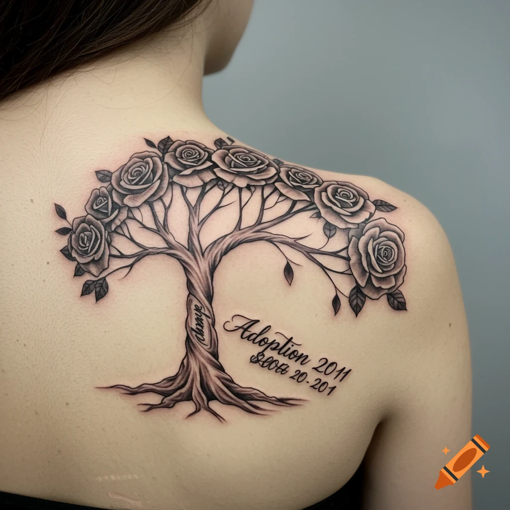 Black and gray tattoo of a tree with roses and text on a person's back.