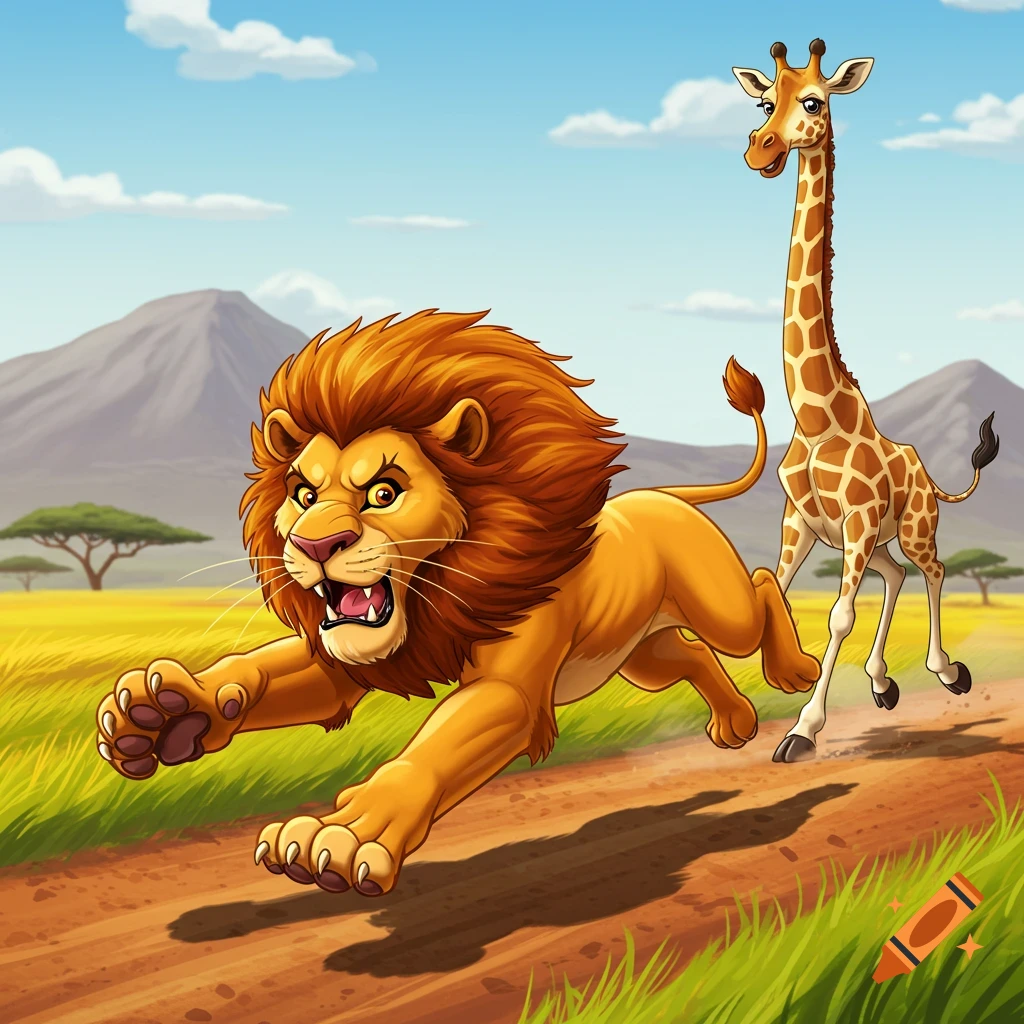 Cartoon lion chasing a giraffe on a savanna path.