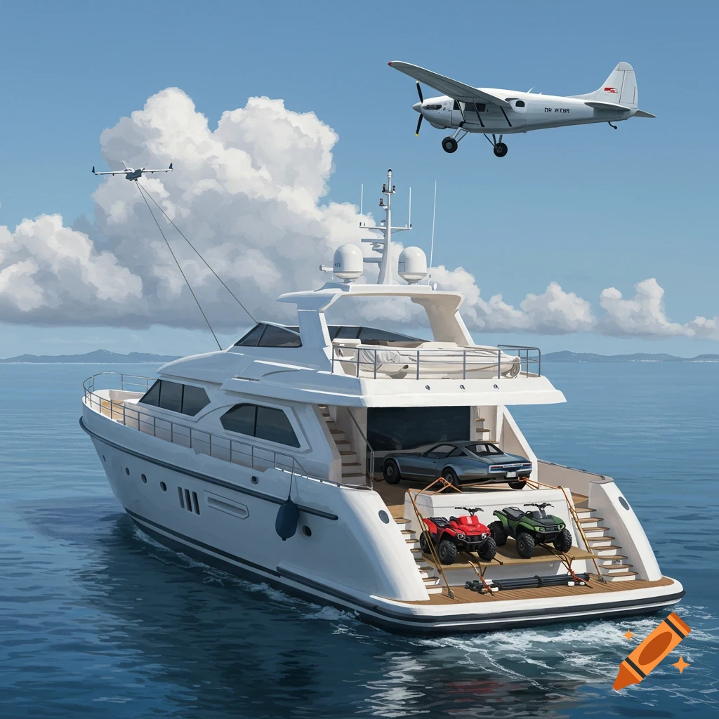 A luxury yacht with a car and ATVs on deck, a small plane flies overhead trailing a line.