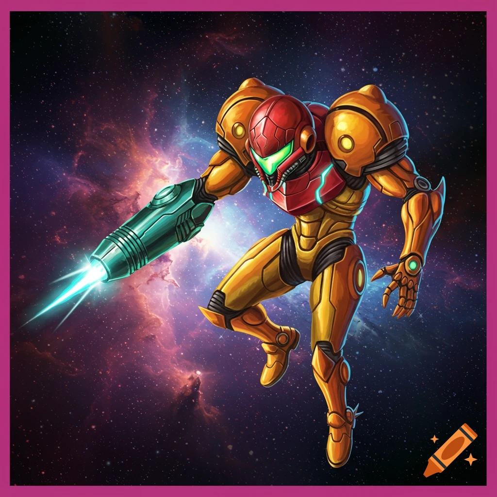 Samus Aran in her power suit floating in space with nebulas.
