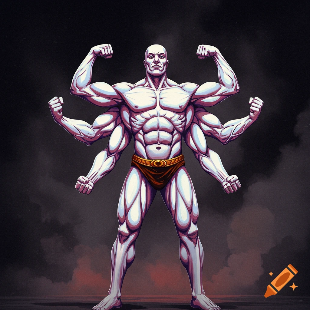 A muscular, bald man with six arms flexes his muscles.