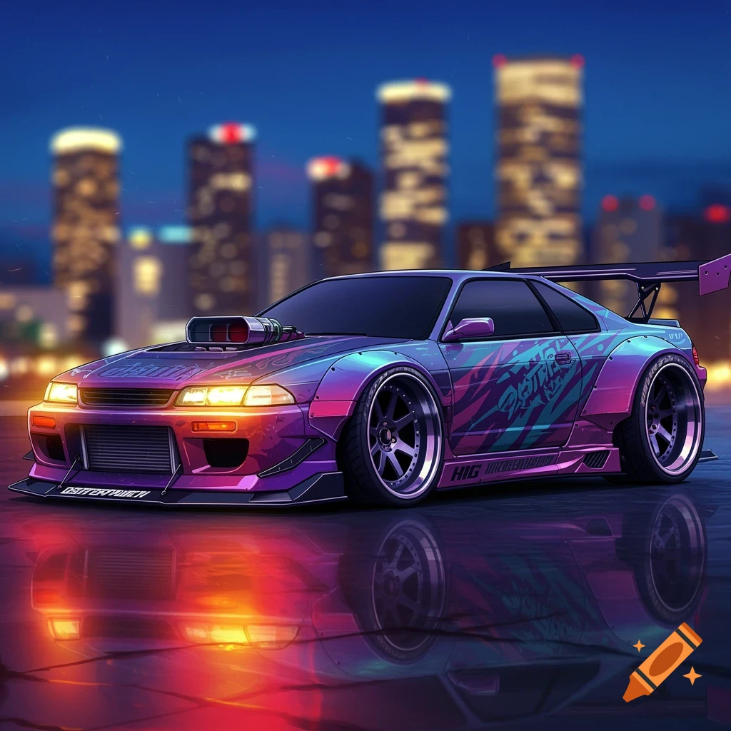 Vibrant image of a customized purple and pink sports car at night.