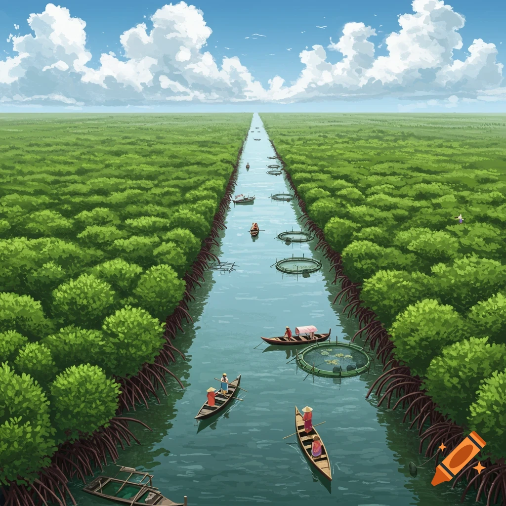 A river winds through a dense mangrove forest, with boats and aquaculture structures visible under a cloudy sky.