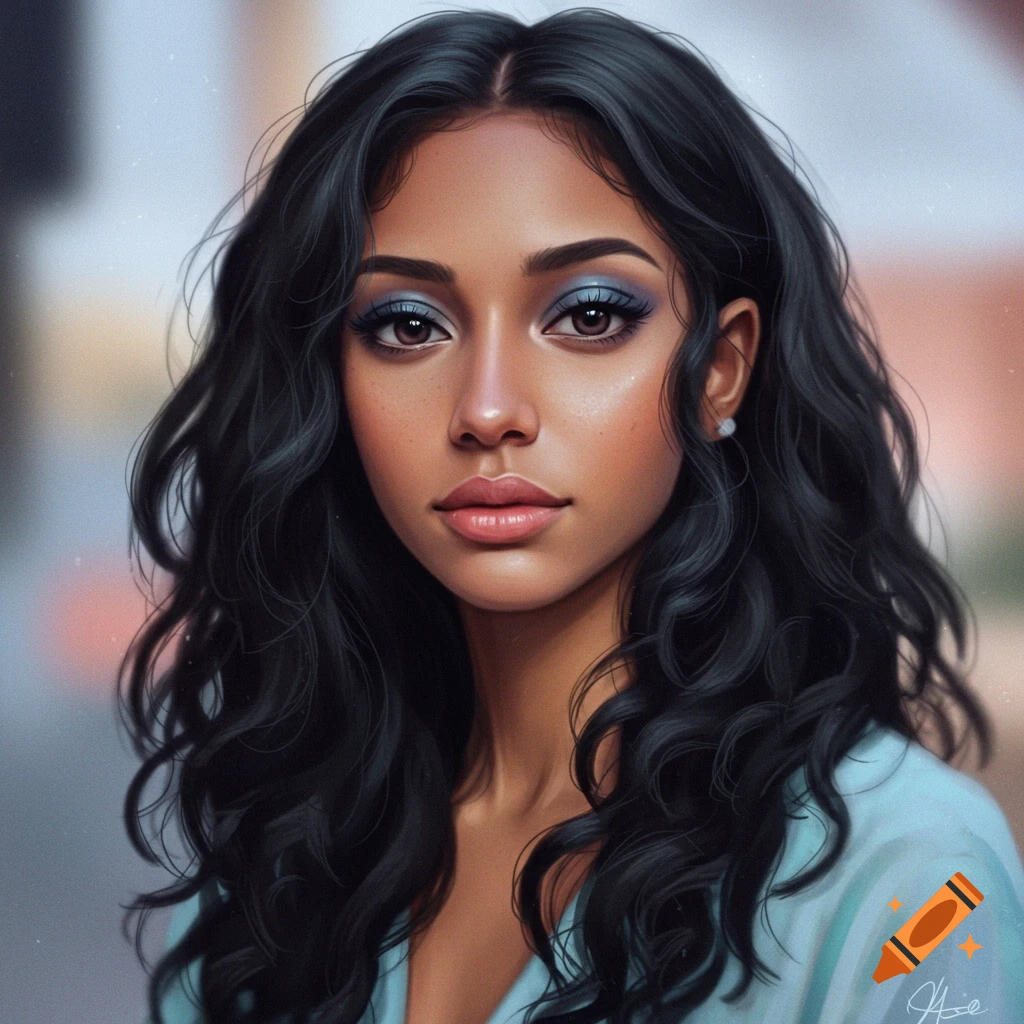Close-up of a woman with long dark hair and blue eyeshadow.