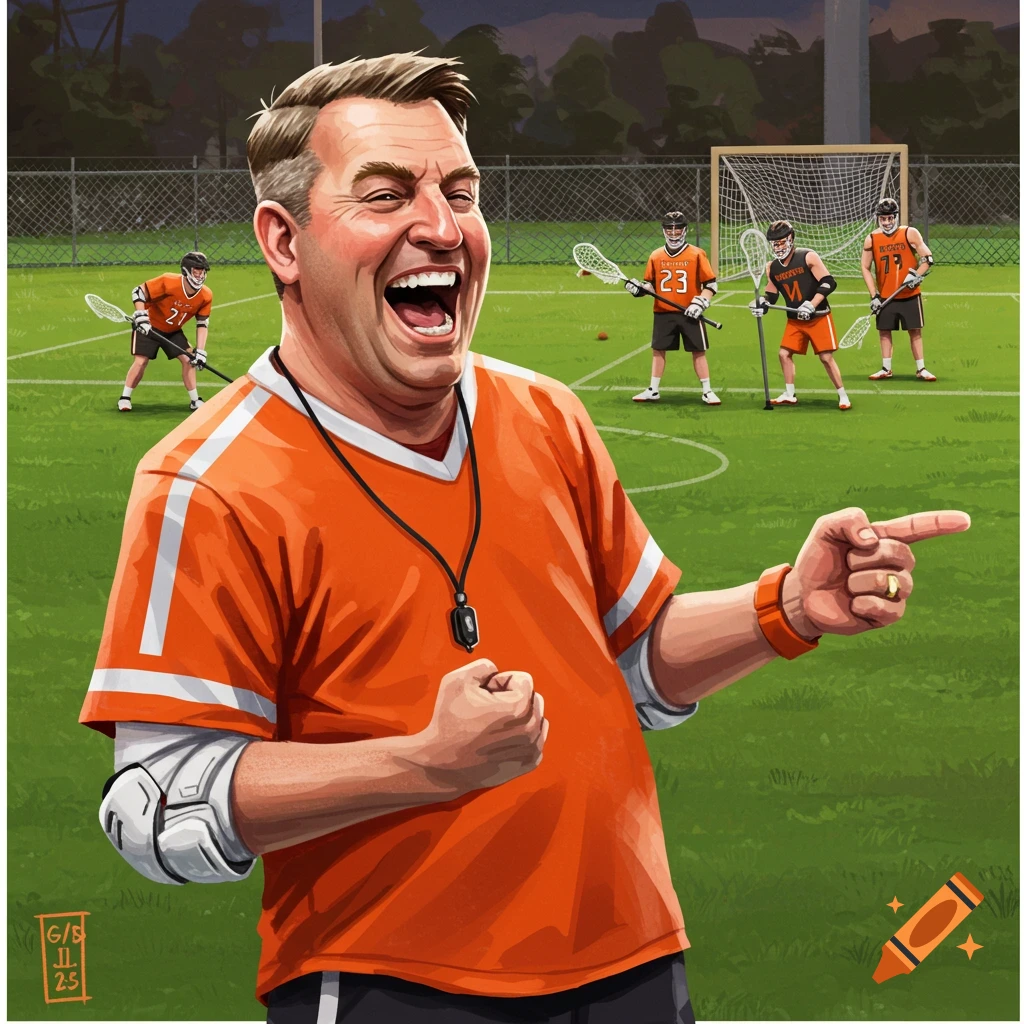 An excited lacrosse coach pointing on the field with players in the background.