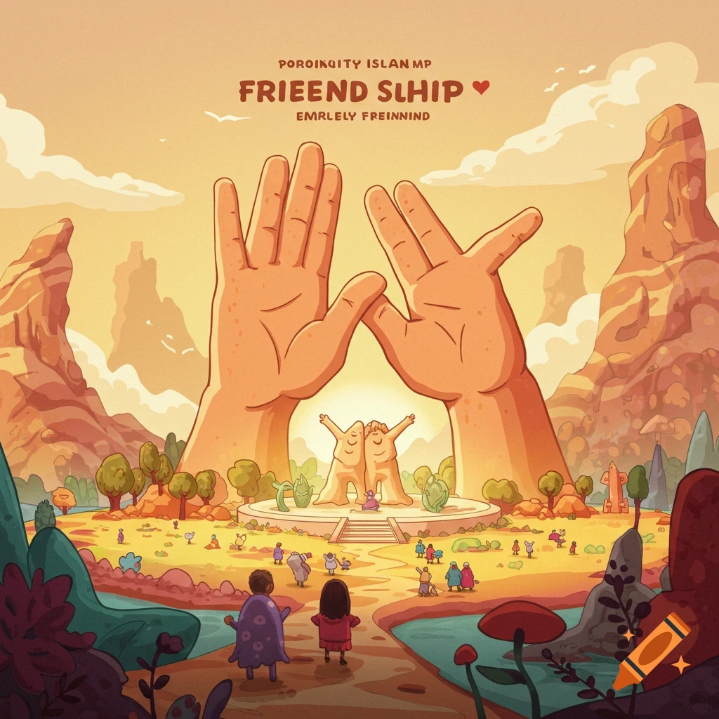 A cartoon landscape with giant hands forming an arch over a platform with small figures, under text.