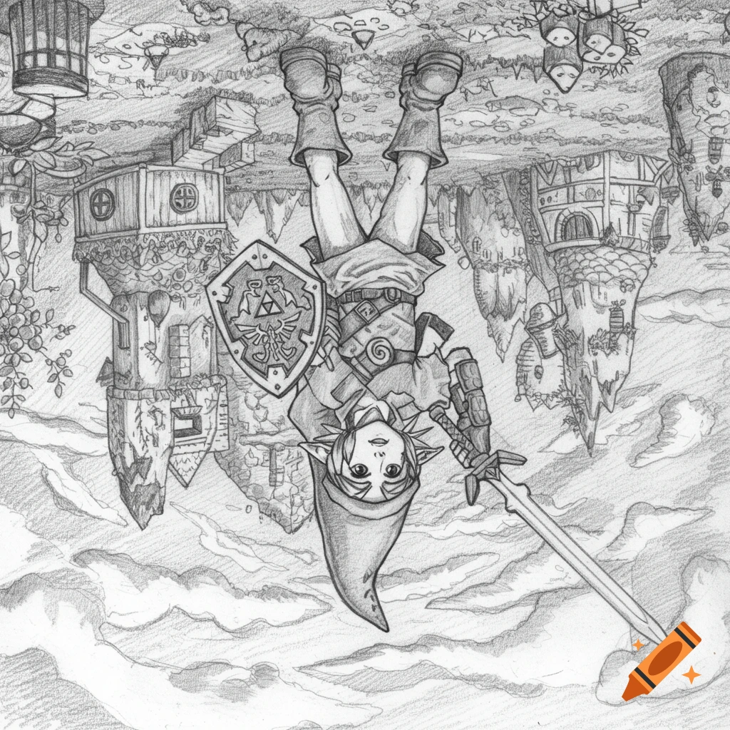 Pencil drawing of Link from Zelda Links Awakening hanging upside down above an upside down world.