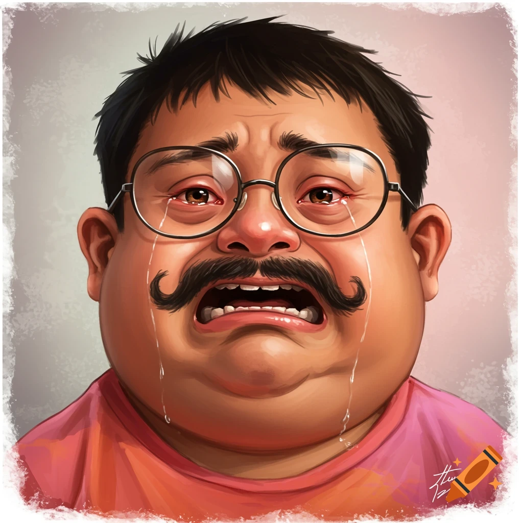 A person with a mustache and glasses is crying intensely.