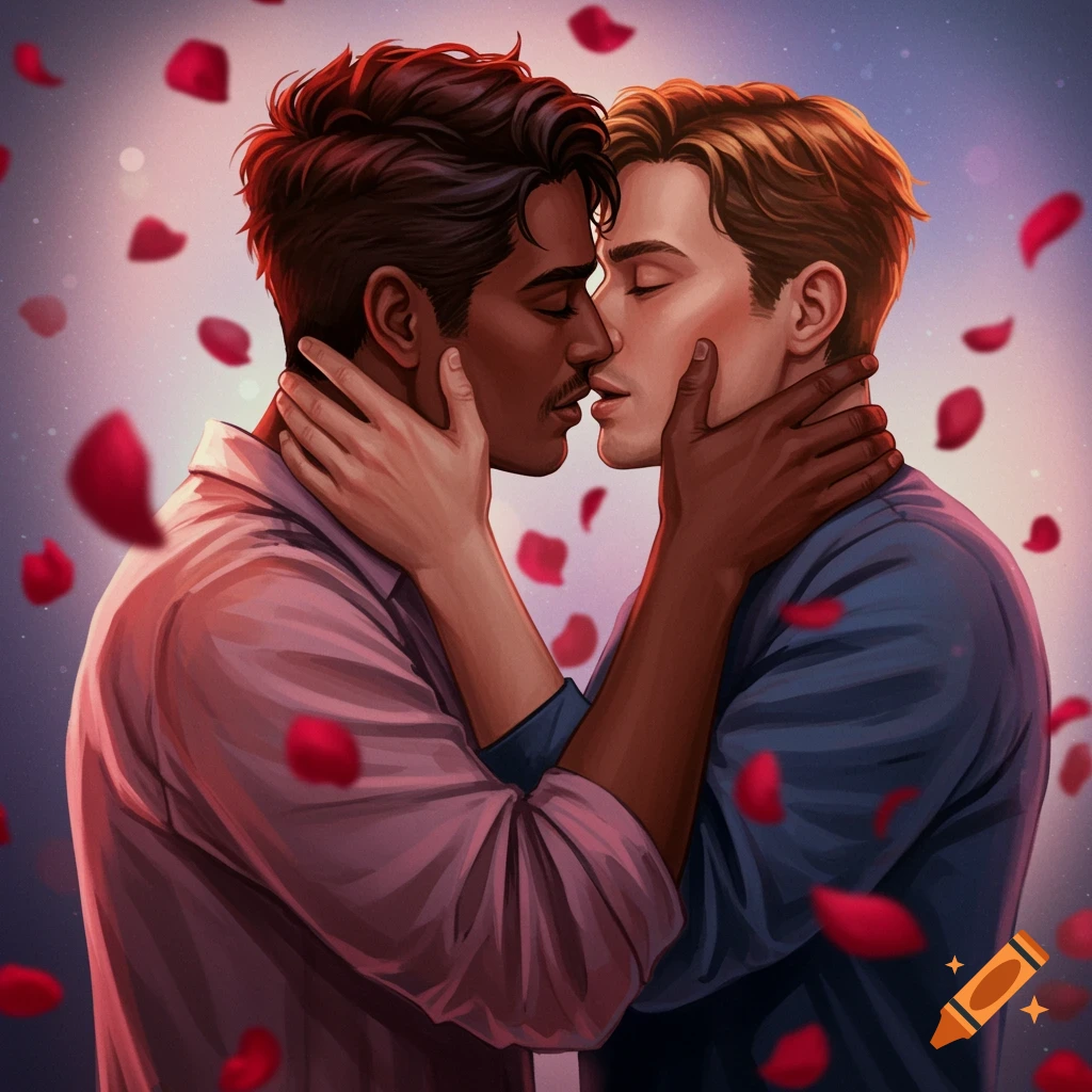 Two men kissing passionately, surrounded by falling rose petals.