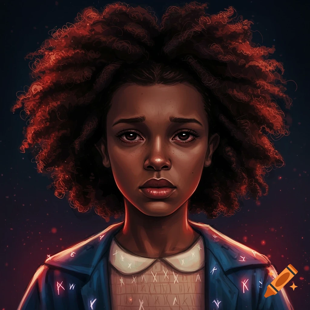 Portrait of a young woman with dark curly hair and a sad expression, wearing a jacket with glowing symbols.