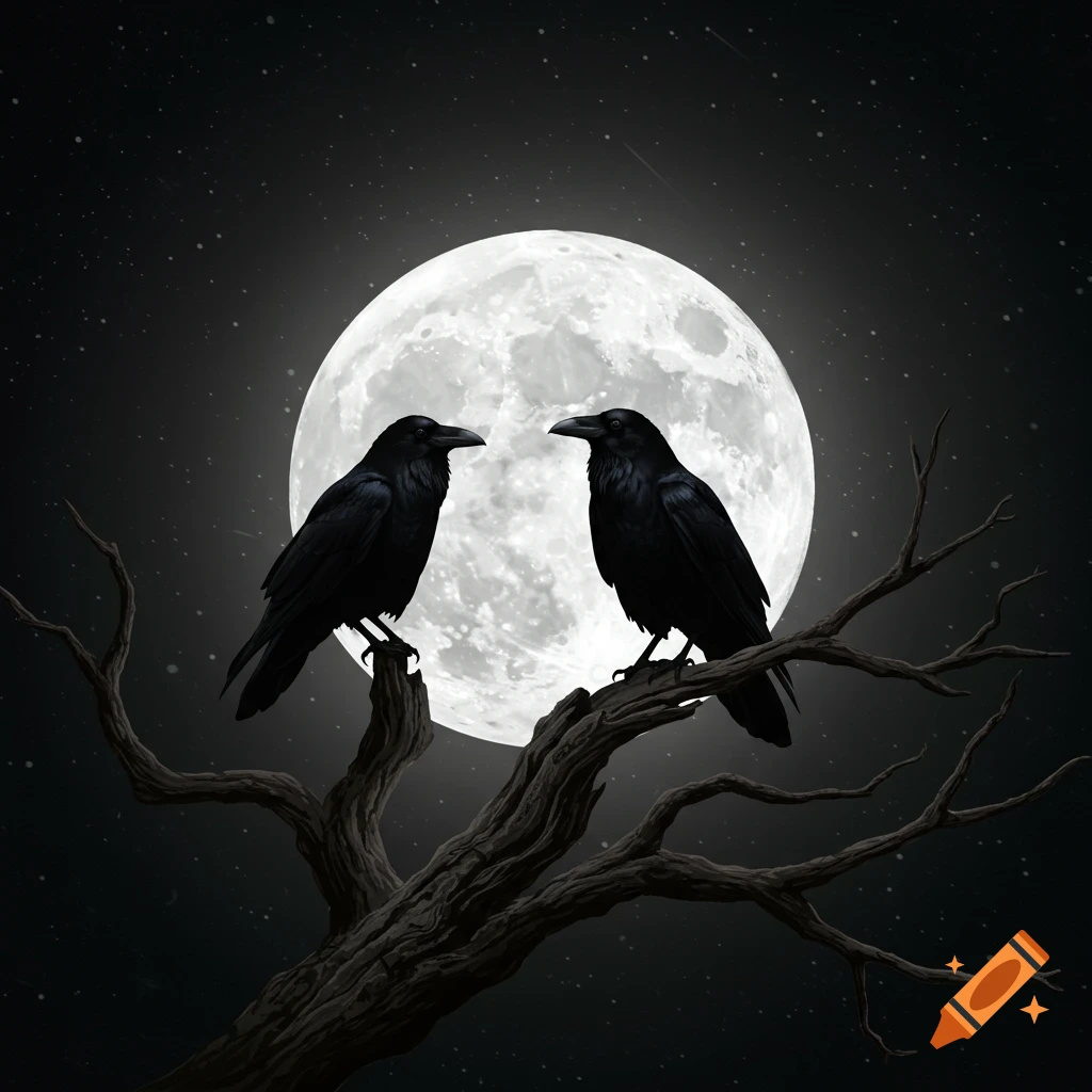 Two ravens on a branch in front of a full moon at night.
