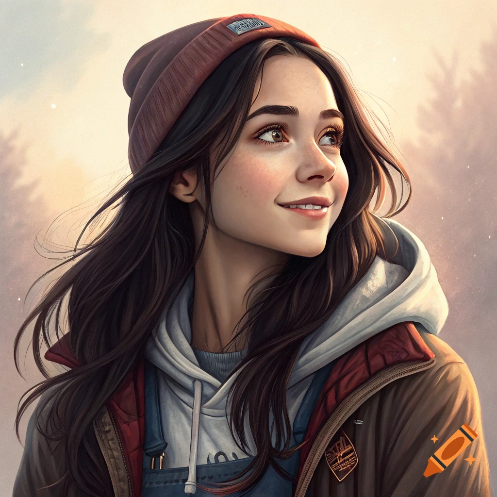 Portrait of a young woman wearing a beanie, hoodie, and jacket, looking up and smiling. Digital art style.