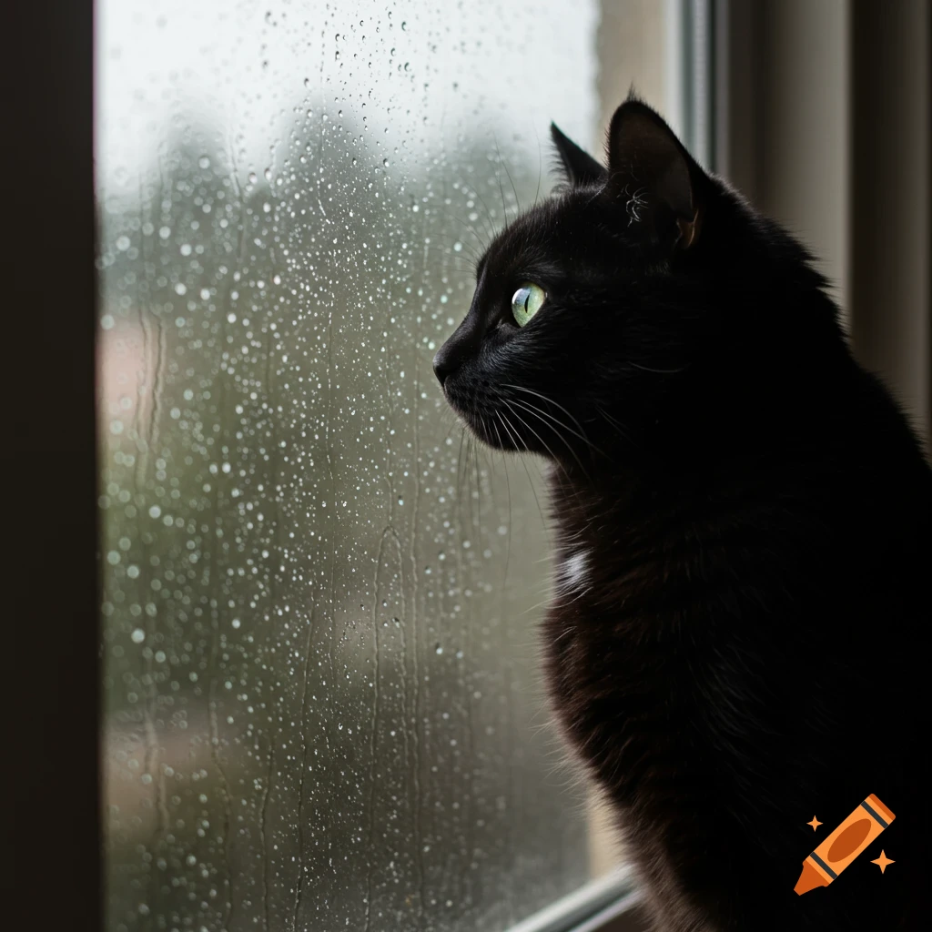 A black cat looks out a window covered in raindrops during a rainstorm.