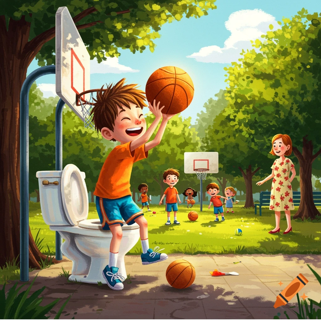 A boy plays basketball using a toilet as a hoop in a sunny park, illustration style.