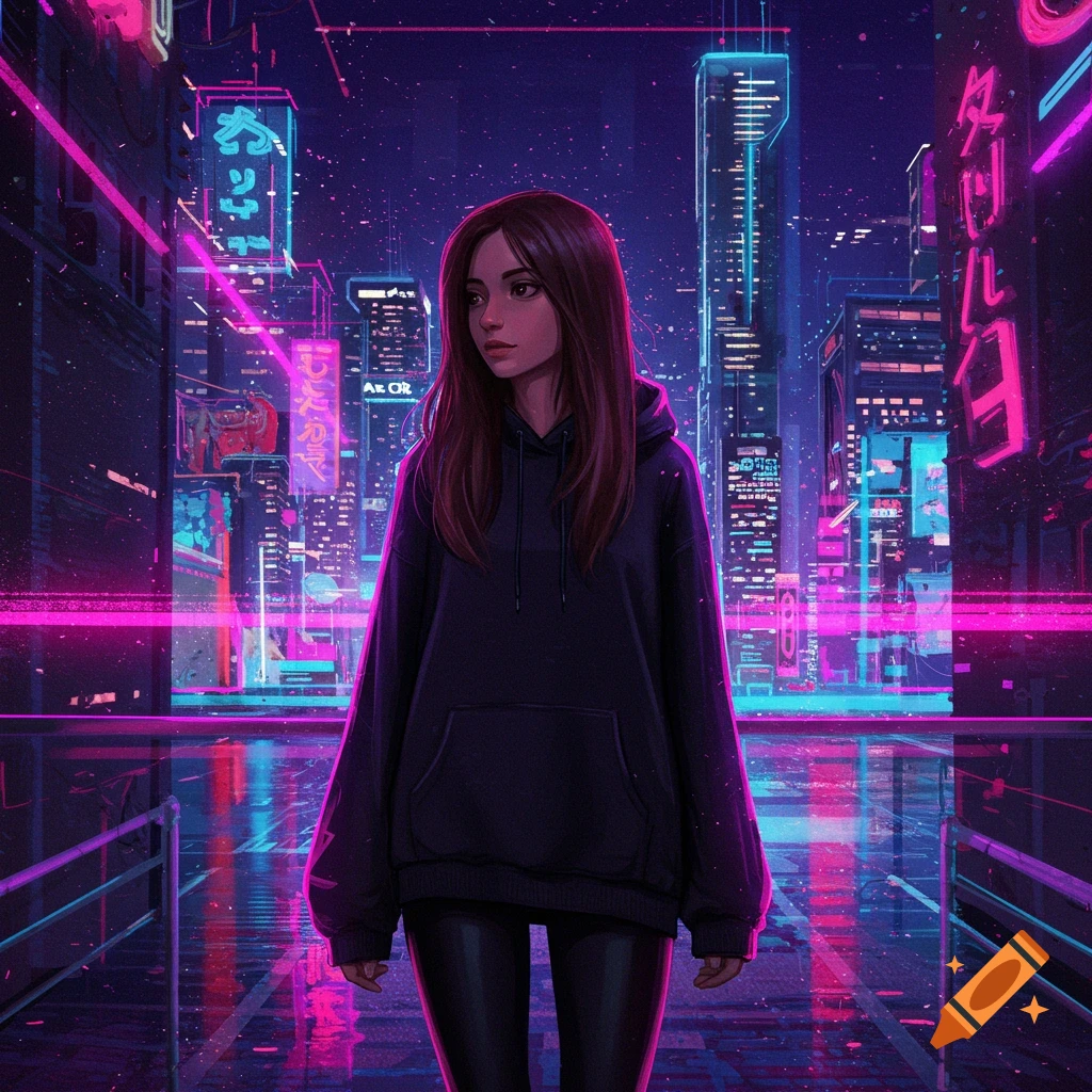 A young woman in a hoodie and leggings standing in a neon-lit cyberpunk city.
