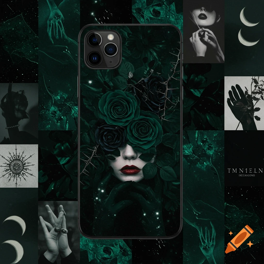 Dark, moody collage with a stylized face covered in roses, hands, crescent moons, and abstract patterns.
