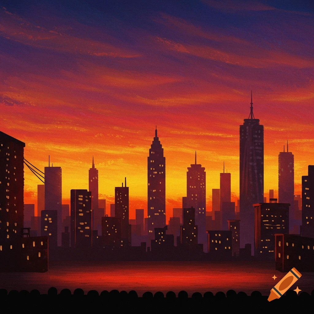 A stylized city skyline silhouetted against a vibrant orange and purple sunset sky.