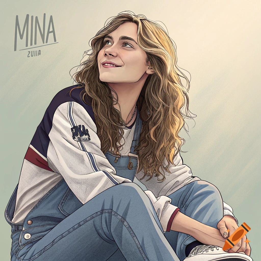 Digital illustration of a young person with long wavy hair, wearing overalls, sitting and looking up.