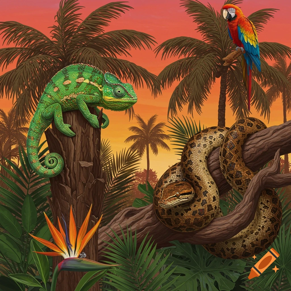 A chameleon, snake, and macaw are together in a tropical sunset.