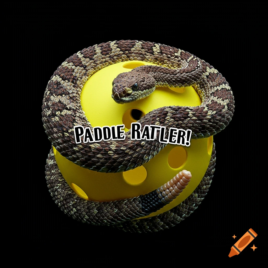 Rattle snake intertwined in a pickleball with bold colors on Craiyon