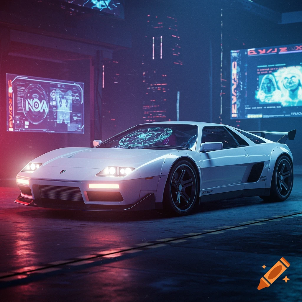 A white futuristic car is parked on a street in a neon-lit cyberpunk city at night.