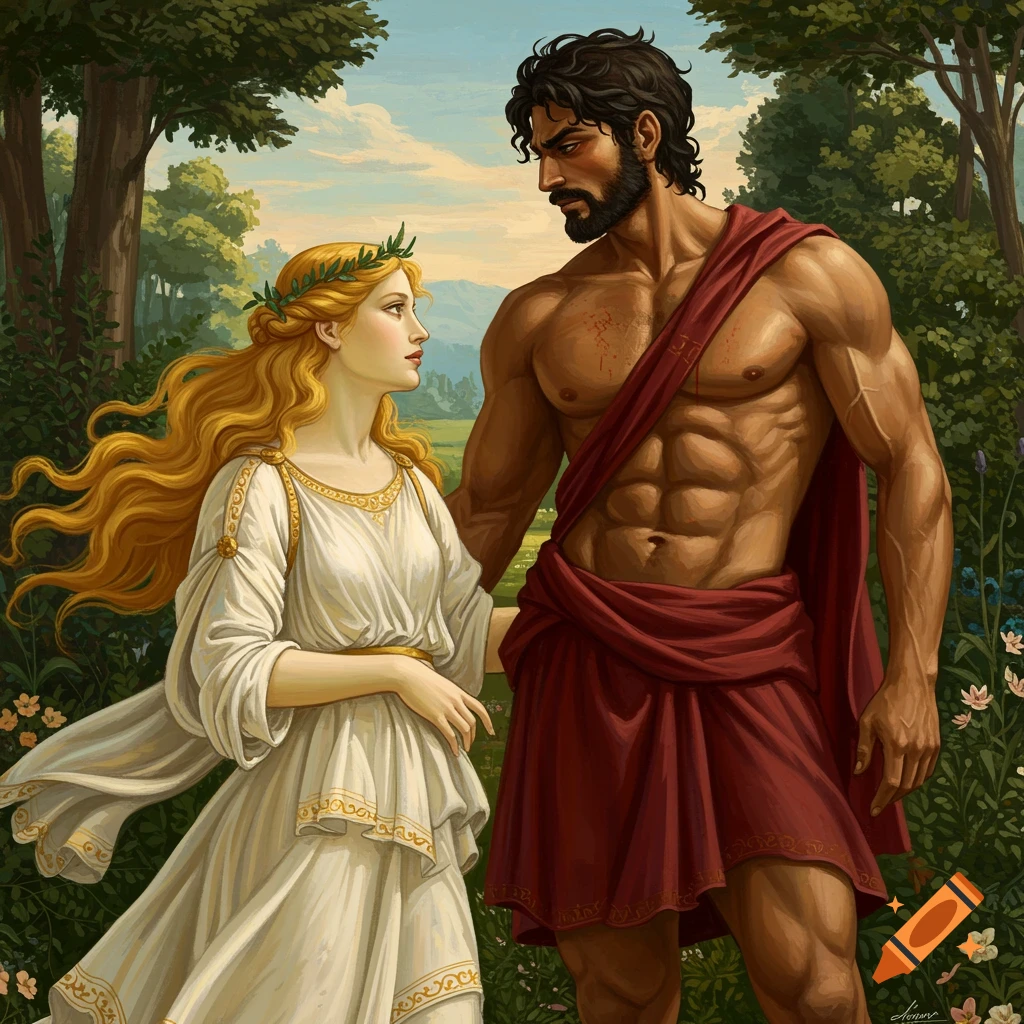 A man and woman in classical robes are in a lush garden.
