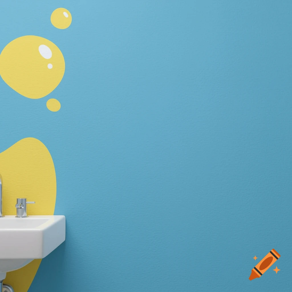 Cartoon style blue bathroom wall with yellow shapes and sink