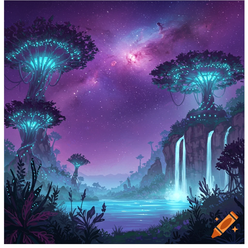 A vibrant fantasy landscape with glowing blue trees, waterfalls, a lake, and a purple galaxy sky.