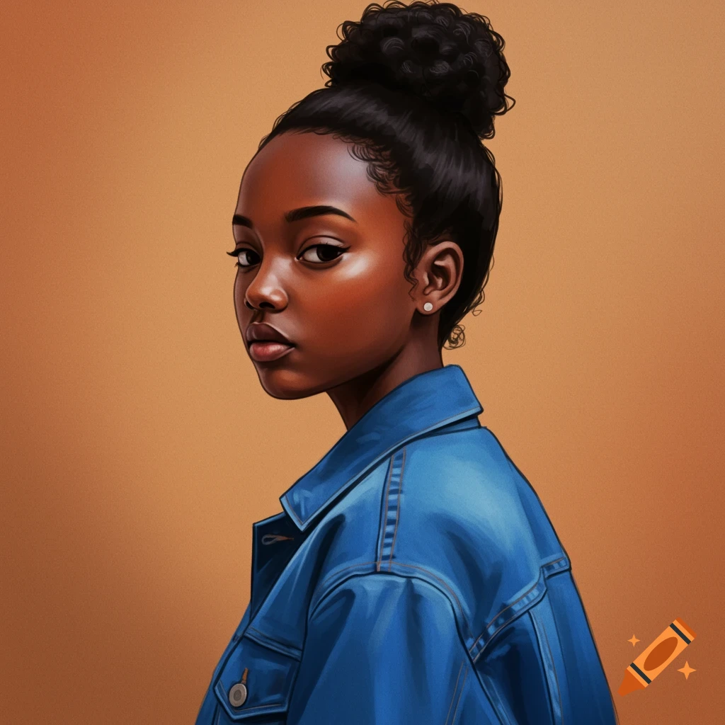 A portrait of a young Black woman with a bun in a blue denim jacket against an orange background.