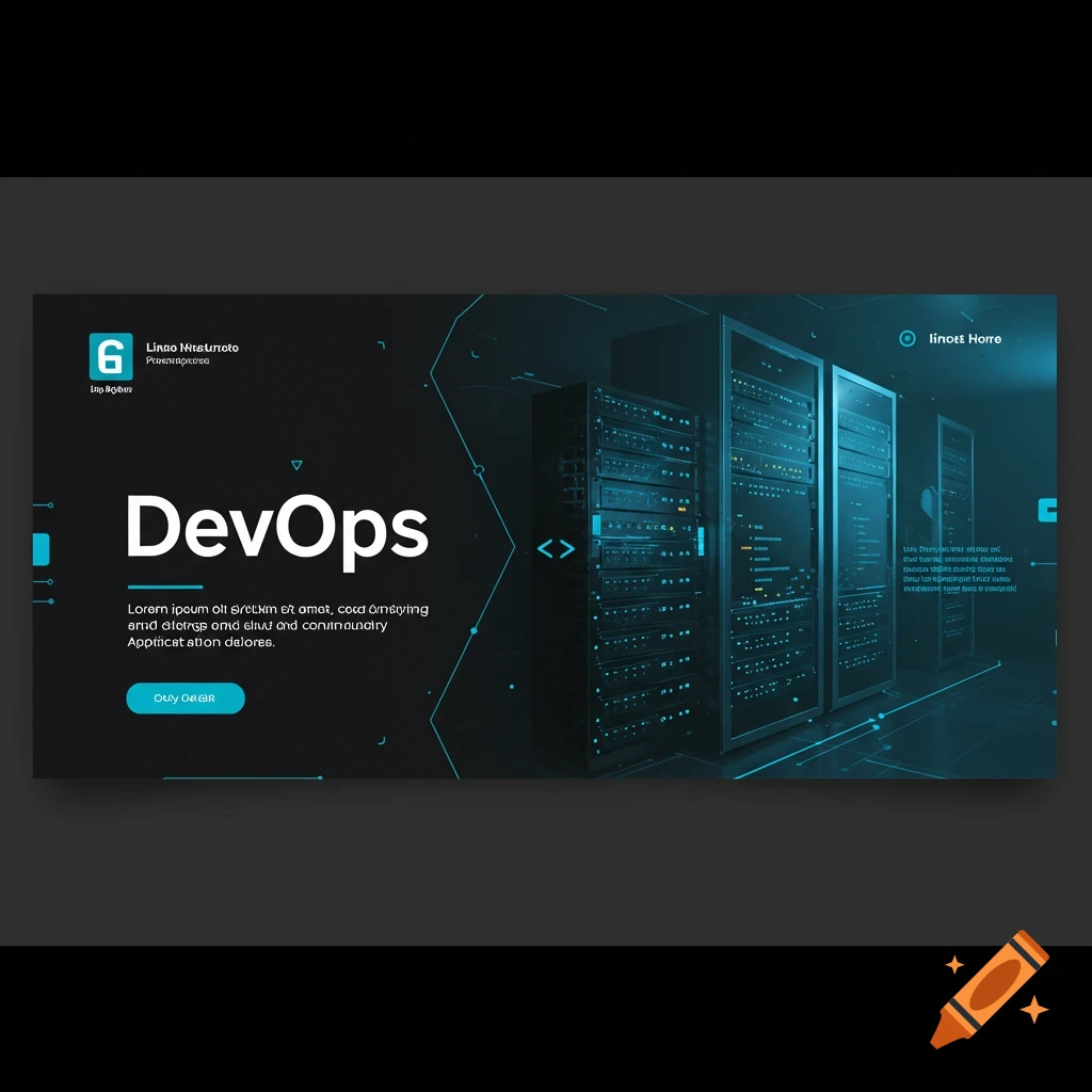Dark tech banner with server racks, text 'DevOps', and abstract lines.