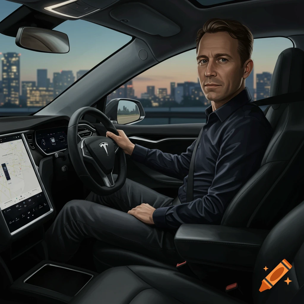 A man in a dark shirt driving a car, viewed from the passenger side.